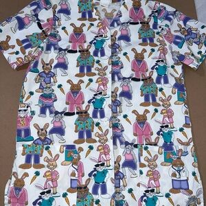 Colorful Cartoon Bunny Print Y2K Button Front Scrub Top